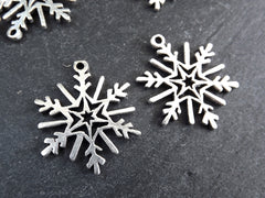 Silver Snowflake Pendant, Snowflake Charms, Winter Charm, Christmas, Holidays, Matte Antique Silver Plated Brass , 2pc