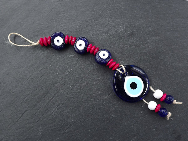 Evil Eye Wall Hanging, Hot Pink, Navy Blue, Turkish Evil Eye, Lucky, Protective, Wall Hanging, Home Decor, Garden Decoration, Artisan