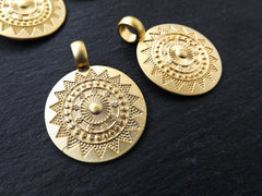 2 Medium Ethnic Sun Mandala Round Disc Pendants with Side Facing - 22k Matte Gold Plated