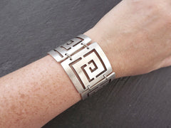 Fretwork Square Spiral Ethnic Silver Statement Bracelet - Authentic Turkish Style