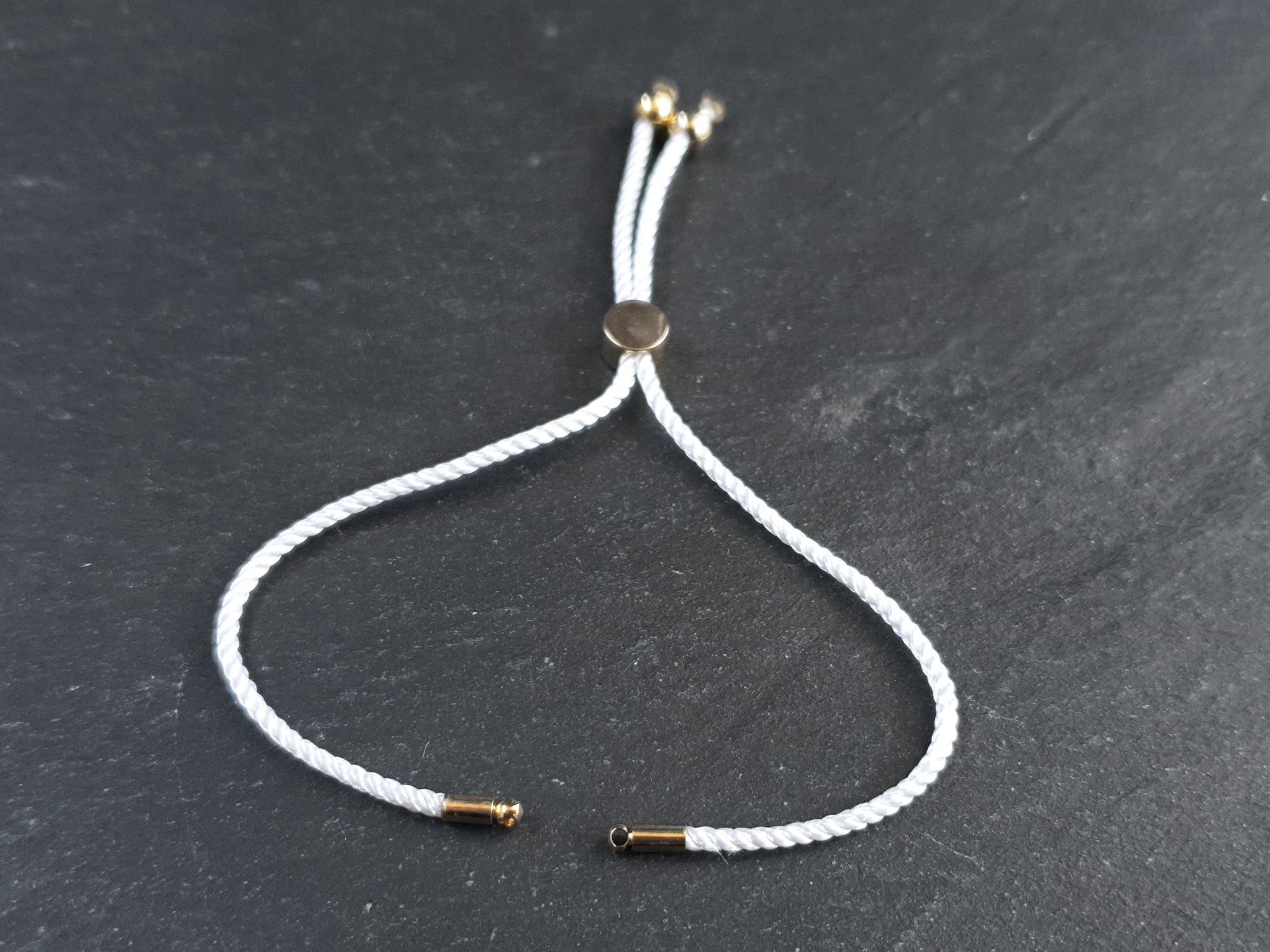 White Adjustable Rope Slider Bolo Cord Bracelet Blank, 2mm, Gold Sliding Bead 1pc
