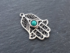 Filigree Hand of Fatima Hamsa Pendant Charm with Smooth Turquoise Stone Accent - Antique Matte Silver Plated