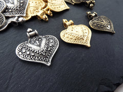 Nepalese Style Artisan Heart Pendant Ethnic Tribal Pattern Rajasthan - 22k Matte Gold Plated - 1pc