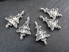Christmas Tree Charms, Small Christmas Tree Holiday Pendant Connectors, Non Tarnish, Matte Antique Silver Plated, 6pc