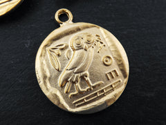 Greek Owl Athena Coin Pendant - Symbol of Wisdom, Mascot of Athena, Totem Bird, Attica Replica Coin - 22k Matte Gold Plated 1pc