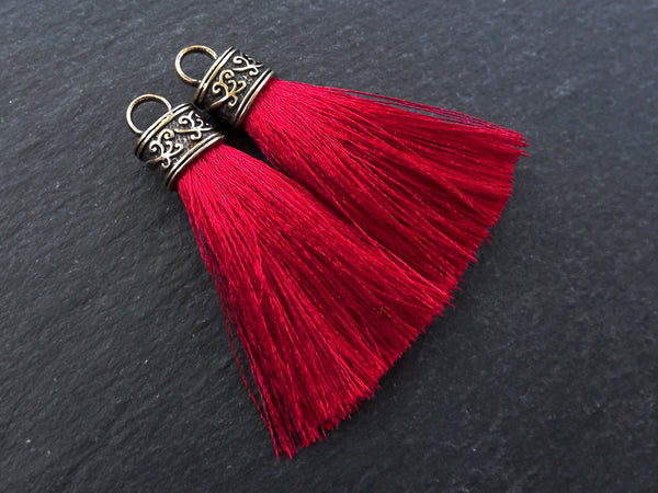 Red Tassel Pendant, Silk Thread Tassel, Tassel Charm, Ornate Cap, Antique Bronze Cap, Tassel Jewelry, Brown Silk Tassel, 2.25 inches, 2pc