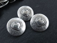 3 Rustic Metal Heart Buttons Matte Antique Silver Plated - Round Silver Buttons, Metal Shank Button, Sewing Buttons, Jewelry Making Buttons
