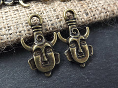 Tribal Ethnic Mask Pendant Charms - African Mask with Horns - Antique Bronze Plated - 2PC