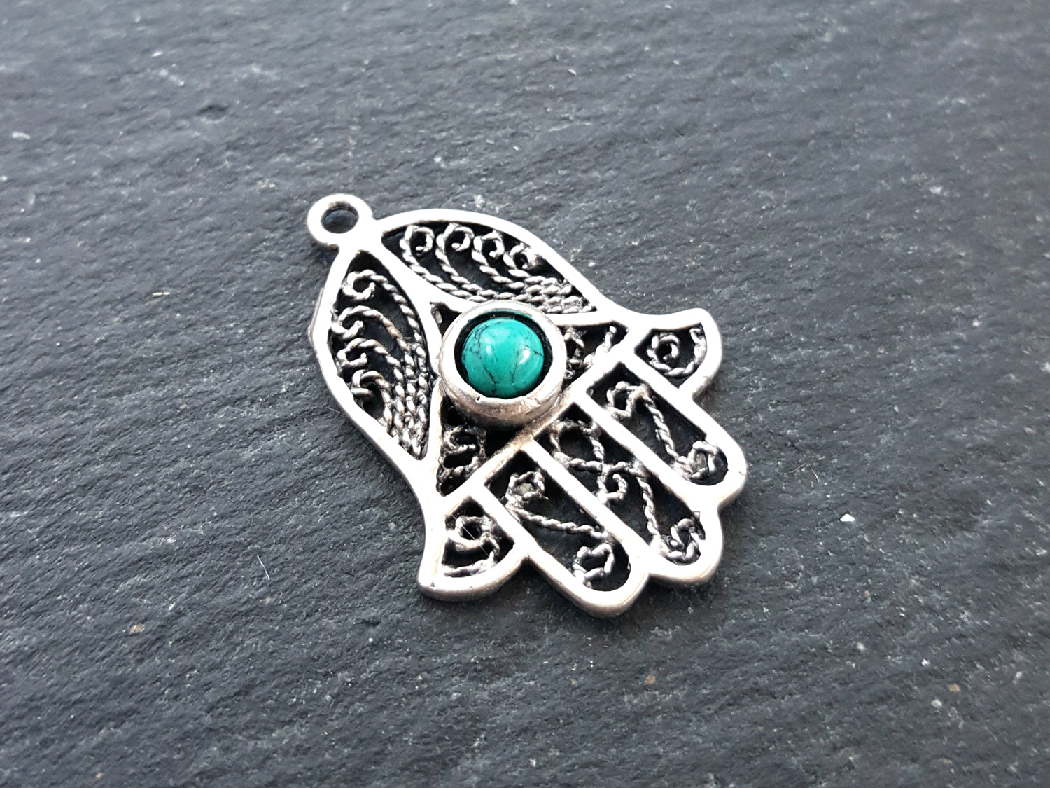 Filigree Hand of Fatima Hamsa Pendant Charm with Smooth Turquoise Stone Accent - Antique Matte Silver Plated