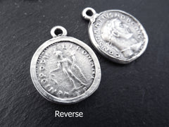Silver Roman Coin Pendant Charm, Constantius Medallion, Jewelry Making, Matte Antique Silver, 2pc