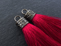 Red Tassel Pendant, Silk Thread Tassel, Tassel Charm, Ornate Cap, Antique Bronze Cap, Tassel Jewelry, Brown Silk Tassel, 2.25 inches, 2pc