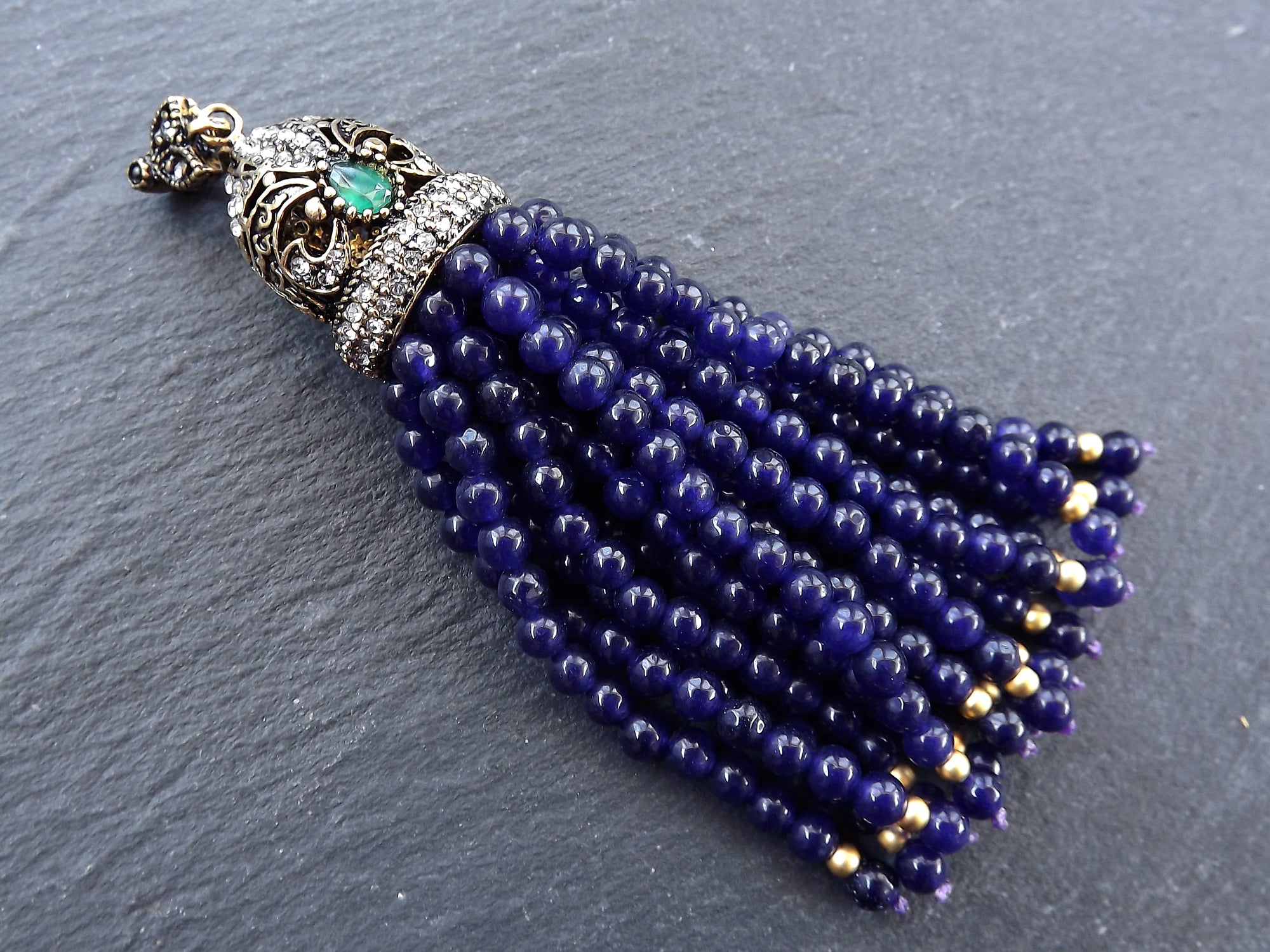 Deep Purple Blue Gemstone Beaded Tassel Pendant, Facet Cut Jade Beads, Antique Bronze Rhinestone Paved Tassel Cap with Bail, Fleur Cap, 1PC