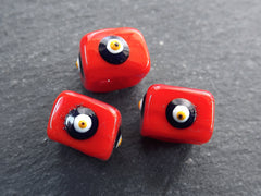 Scarlet Red Square Evil Eye Beads, Protective Turkish Nazar, Good Luck Bead, 10mm, 3pc