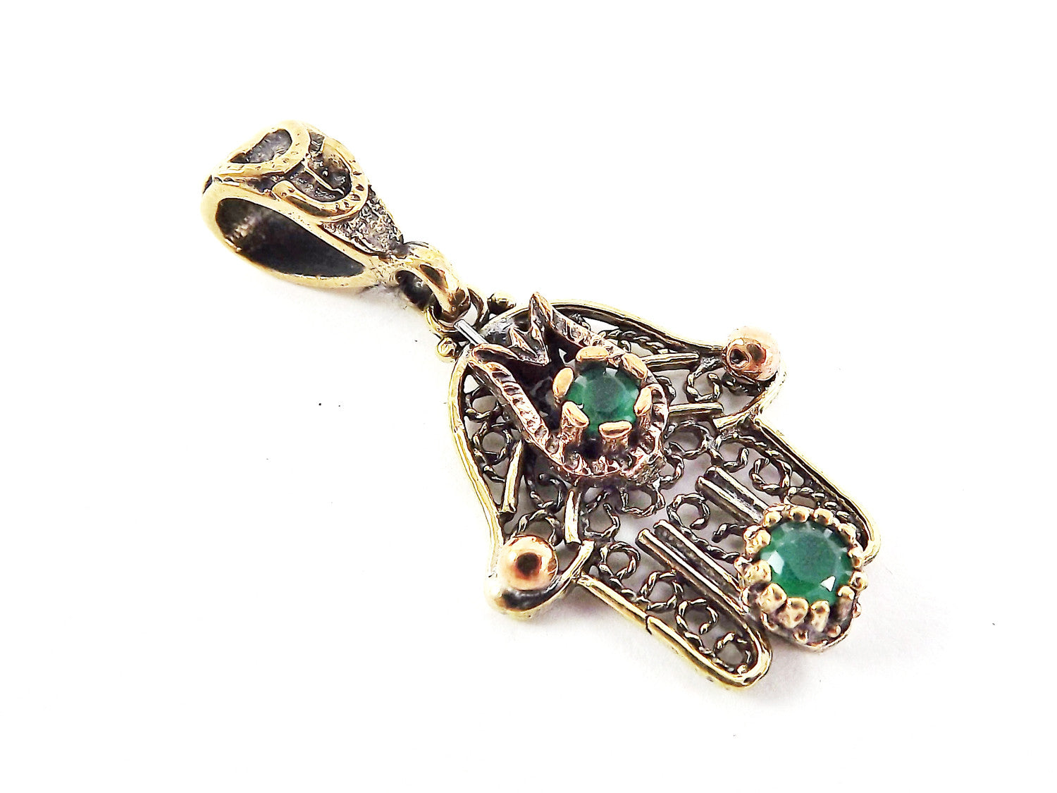 Mini Hamsa Hand of Fatima Pendant Green Crystal Copper Plated Dots