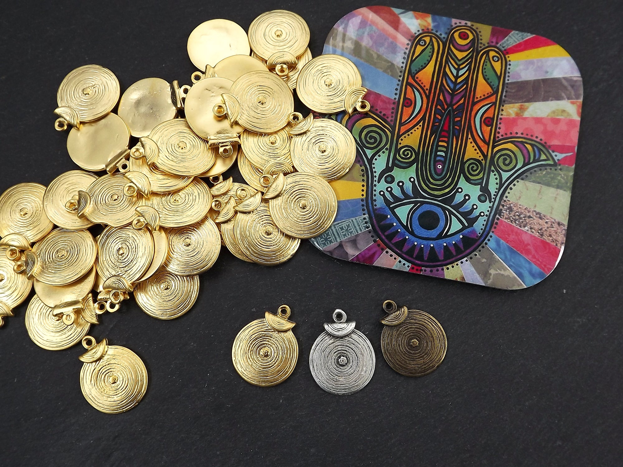 Round Gold Coin Tribal Charms, Ethnic Spiral Disc Pendant, 22k Matte G –  LylaSupplies