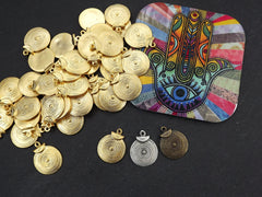 Round Gold Coin Tribal Charms, Ethnic Spiral Disc Pendant, 22k Matte Gold Plated, 2pc