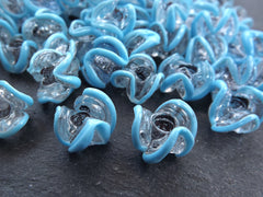 Sky Blue Zig Zag Line Clear Translucent Pinched Wave Artisan Handmade Glass Bead - 15 x 12mm - 10pcs