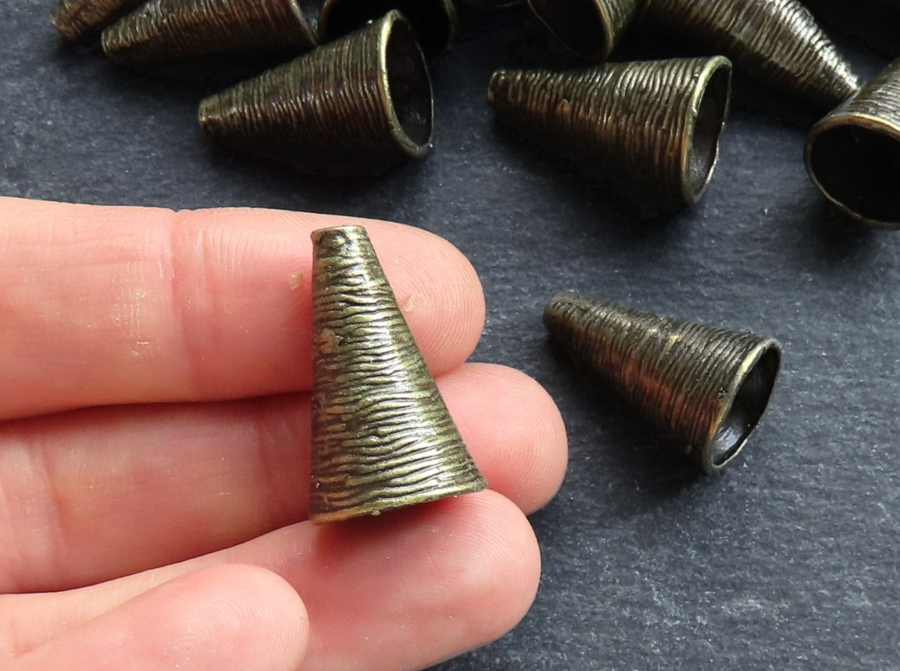 Organic Ribbed Cone Bead End Tassel Caps, Antique Bronze Plated