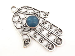 Extra Large Hamsa Hand of Fatima Pendant Round Jean Blue Jade - Matte Anitque Silver Plated - 1PC