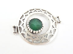 Emerald Green Jade Stone Fretworked Circle Connector Pendant - Matte Silver Plated - 1PC