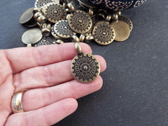 2 Small Ethnic Sun Mandala Round Disc Pendants with Side Facing - Antique Bronze Plated