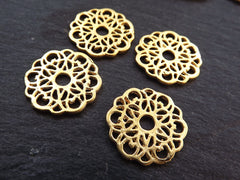 Gold Lace Charms, Round Rustic Fretwork discs, Disc Charms, Disc Connectors, Lace Connectors, Earring Pendant, 22k Matte Gold Plated, 4pc