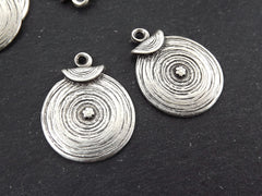 Round Silver Coin Tribal Charms, Ethnic Spiral Disc Pendant, Matte Antique Silver Plated, 2pc