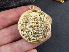 Round Aztec Tribal Pendant, Chandelier Component Connector, Face Skull Pendant, Artisan Craft Supplies, 22k Matte Gold Plated, 1 pc