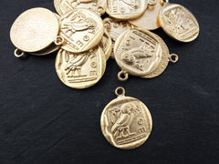 Greek Owl Athena Coin Pendant - Symbol of Wisdom, Mascot of Athena, Totem Bird, Attica Replica Coin - 22k Matte Gold Plated 1pc