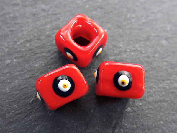Scarlet Red Square Evil Eye Beads, Protective Turkish Nazar, Good Luck Bead, 10mm, 3pc