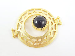 Black Onyx Stone Fretworked Circle Connector Pendant - 22k Matte Gold Plated - 1PC