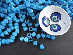 Sky Blue Glass Cube Square Beads, Rustic Traditional Turkish Glass Beads, 10mm