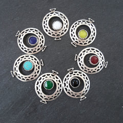 Opaque White Jade Stone Fretworked Circle Connector Pendant - Matte Silver Plated - 1PC