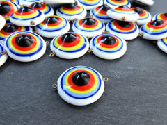 Glass Rainbow Evil Eye Charm Pendant Connector, Round Spiral Evil Eye, Lampwork, Amulet, Protective, Lucky, Handmade, 1pc, No:1