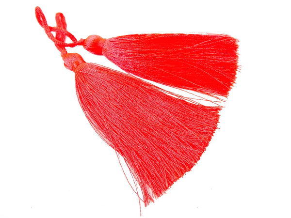 Long Neon Red Orange Silk Thread Tassels - 3 inches - 77mm - 2 pc