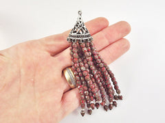 Long Red Picasso Beaded Tassel with Antique Matte Silver Plated Filigree cap - Czech Fire-Polished Faceted Glass - 1pc