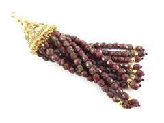 Long Red Picasso Beaded Tassel with 22k Matte Gold Plated Filigree cap - Czech Fire-Polished Faceted Glass - 1pc