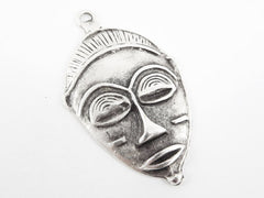 Large Tribal Mask Pendant Connector Matte Antique Silver Plated - 1PC