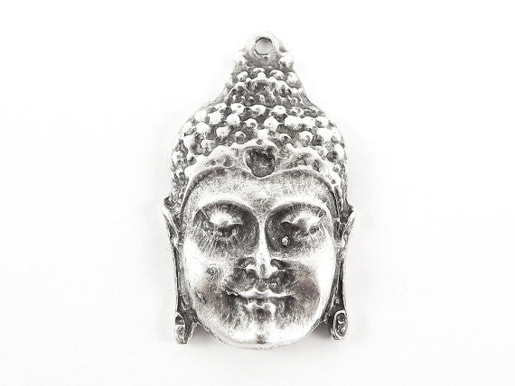 Large Buddha Face Pendant Connector Matte Antique Silver Plated - 1PC