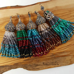 Large Long Aqua Blue, Smoky Blue, Garnet Red Facet Cut Jade Stone Beaded Tassel with Crystal Accents - Antique Bronze - 1PC