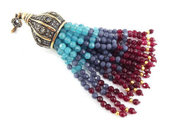 Large Long Aqua Blue, Smoky Blue, Garnet Red Facet Cut Jade Stone Beaded Tassel with Crystal Accents - Antique Bronze - 1PC