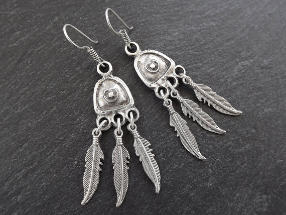 Dangly Feather Tribal Silver Earrings - Authentic Ethnic Turkish Style