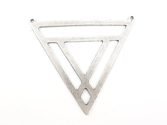 Extra Large Fretwork Triangle Minimalist Geometric Pendant - Type 1 - Matte Antique Silver Plated - 1pc