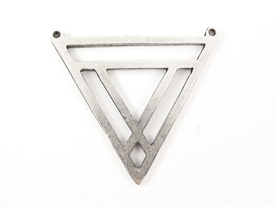 Large Fretwork Triangle Minimalist Geometric Pendant - Type 2 - Matte Antique Silver Plated - 1pc