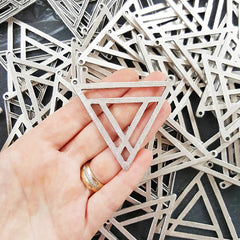 Large Fretwork Triangle Minimalist Geometric Pendant - Type 2 - Matte Antique Silver Plated - 1pc