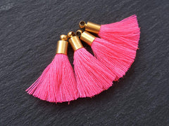 Mini Neon Pink Soft Thread Tassels Earring Bracelet Tassel Fringe Turkish Findings - 22k Matte Gold Plated Cap - 26mm - 4pc - NEW CAP