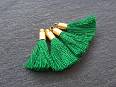 Mini Emerald Green Soft Thread Tassels Earring Bracelet Tassel Fringe Turkish Findings - 22k Matte Gold Plated Cap - 26mm - 4pc - NEW CAP