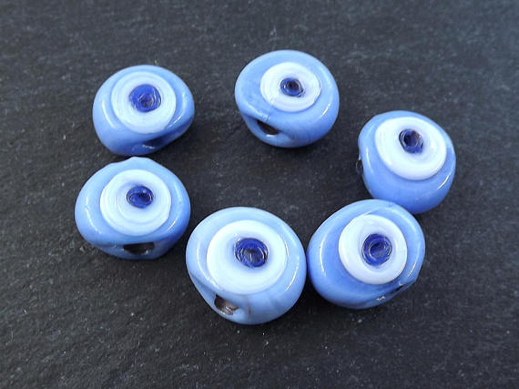 6 Cornflower Blue Artisan Handmade Glass Evil Eye Nazar Medium Bead - 16 mm - VALUE PACK
