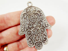 Ornate Hamsa Hand of Fatima Pendant Charm - Silver Plated - 1PC