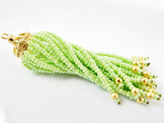 Long Fresh Green Beaded Tassel - 22k Matte Gold Plated Brass - 1PC